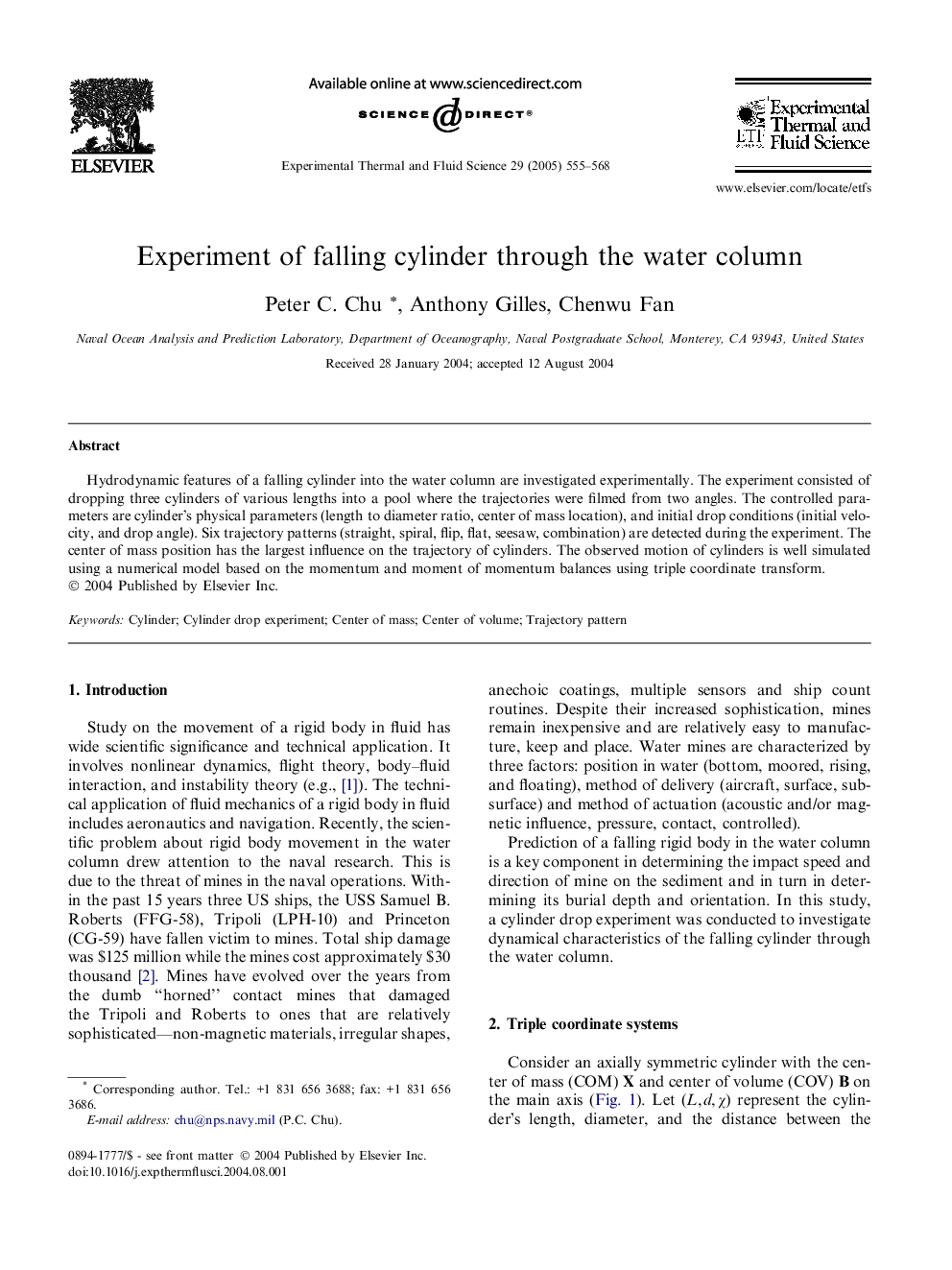 Experiment of falling cylinder through the water column