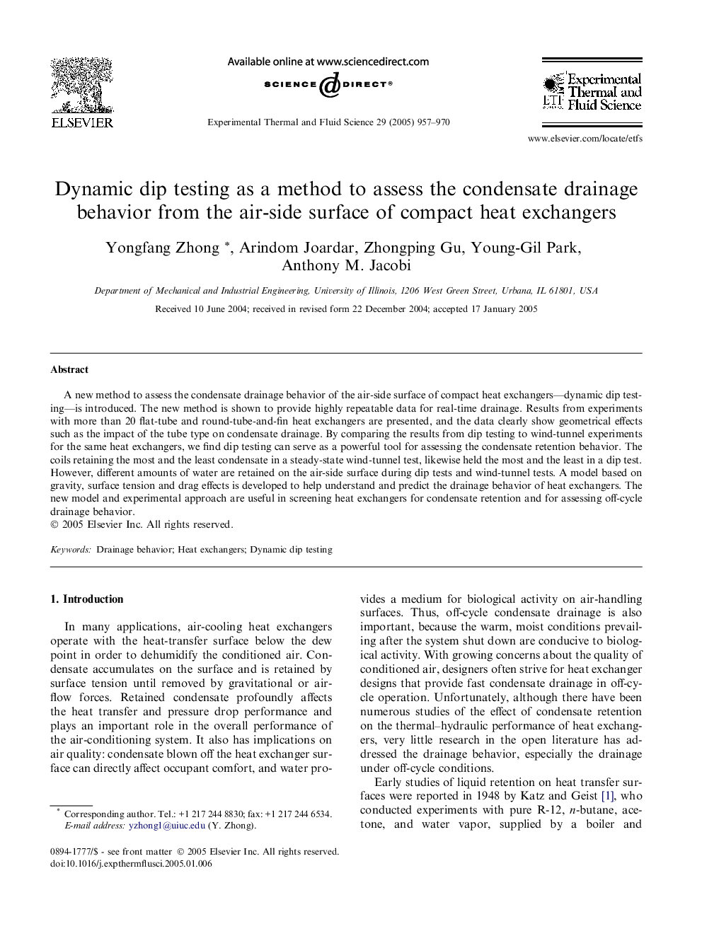 Dynamic dip testing as a method to assess the condensate drainage behavior from the air-side surface of compact heat exchangers