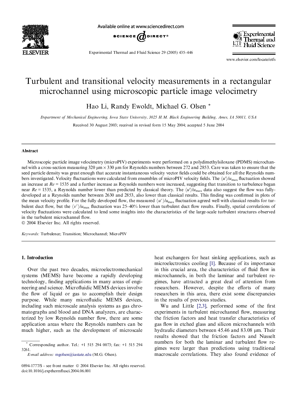 Turbulent and transitional velocity measurements in a rectangular microchannel using microscopic particle image velocimetry