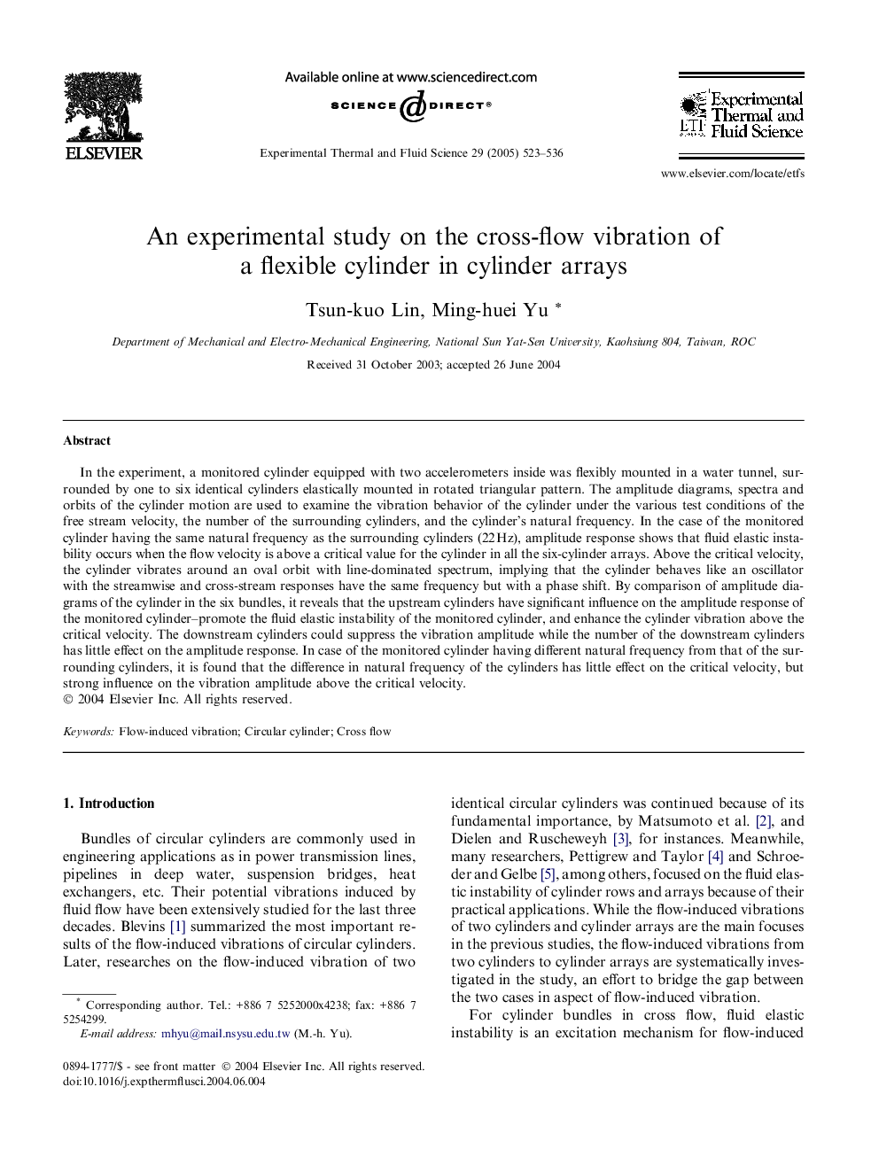 An experimental study on the cross-flow vibration of a flexible cylinder in cylinder arrays