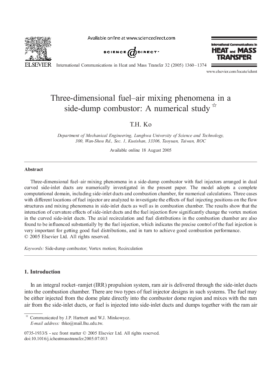 Three-dimensional fuel-air mixing phenomena in a side-dump combustor: A numerical study