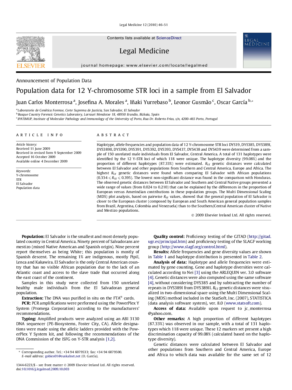 Population data for 12 Y-chromosome STR loci in a sample from El Salvador