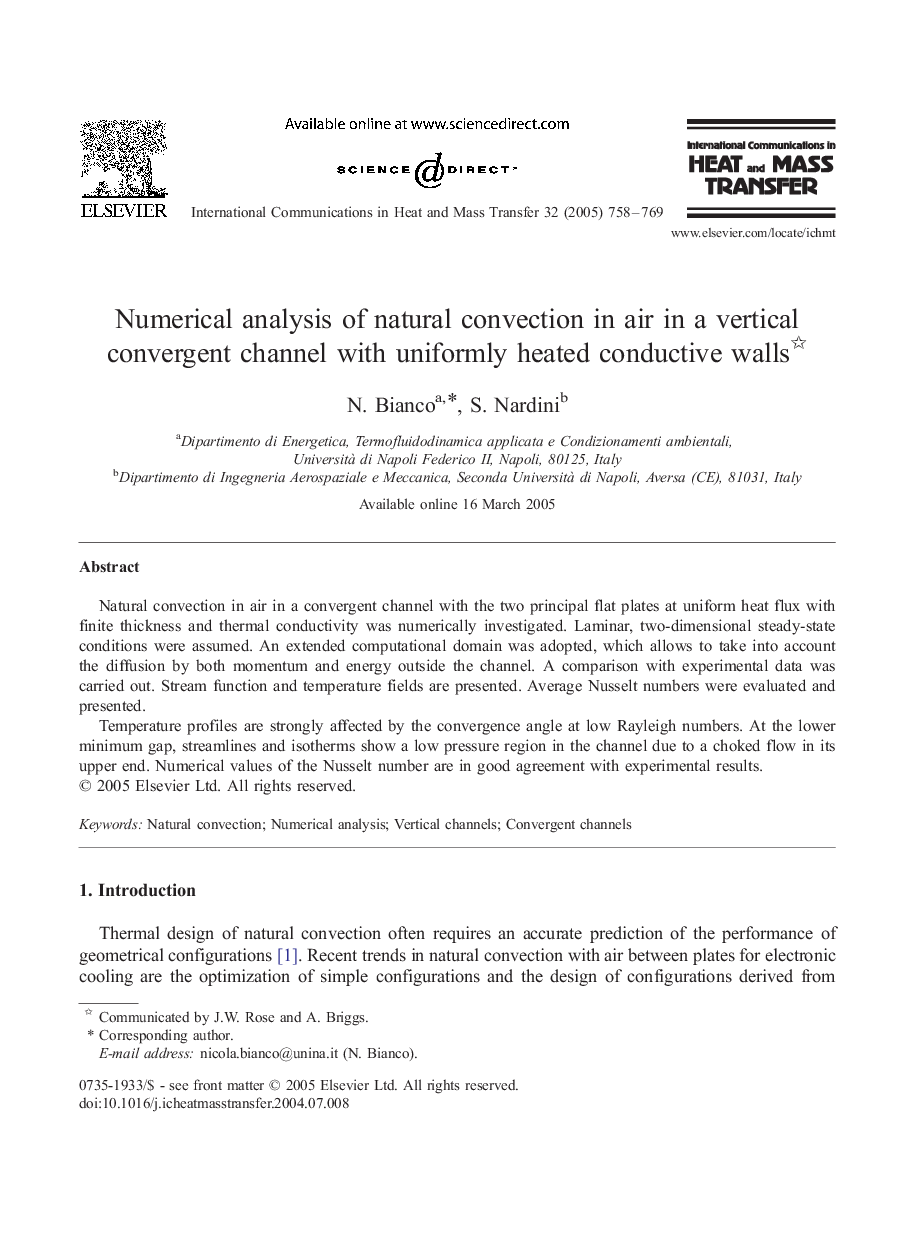 Numerical analysis of natural convection in air in a vertical convergent channel with uniformly heated conductive walls