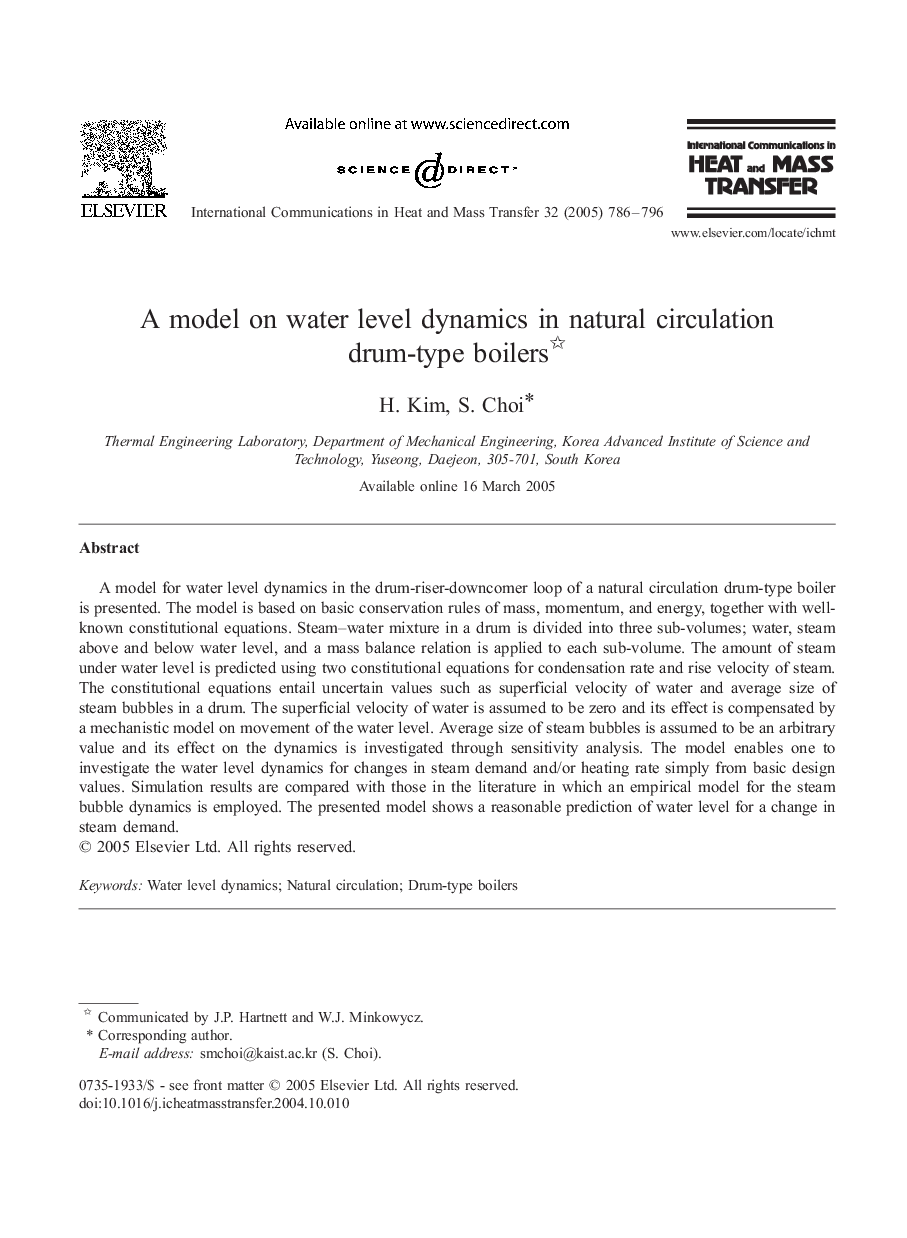 A model on water level dynamics in natural circulation drum-type boilers