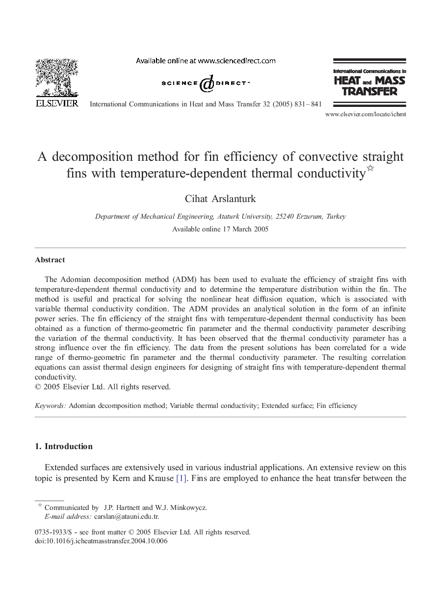 A decomposition method for fin efficiency of convective straight fins with temperature-dependent thermal conductivity