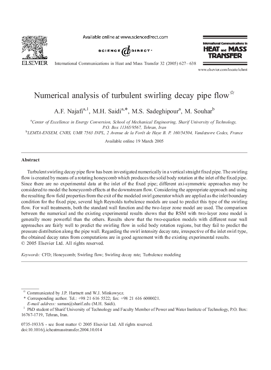 Numerical analysis of turbulent swirling decay pipe flow