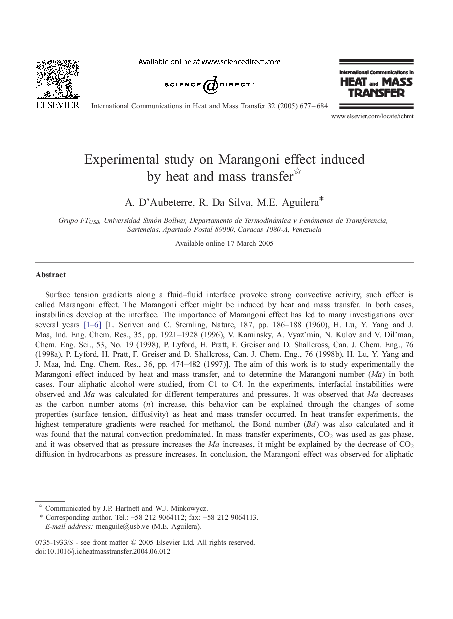 Experimental study on Marangoni effect induced by heat and mass transfer