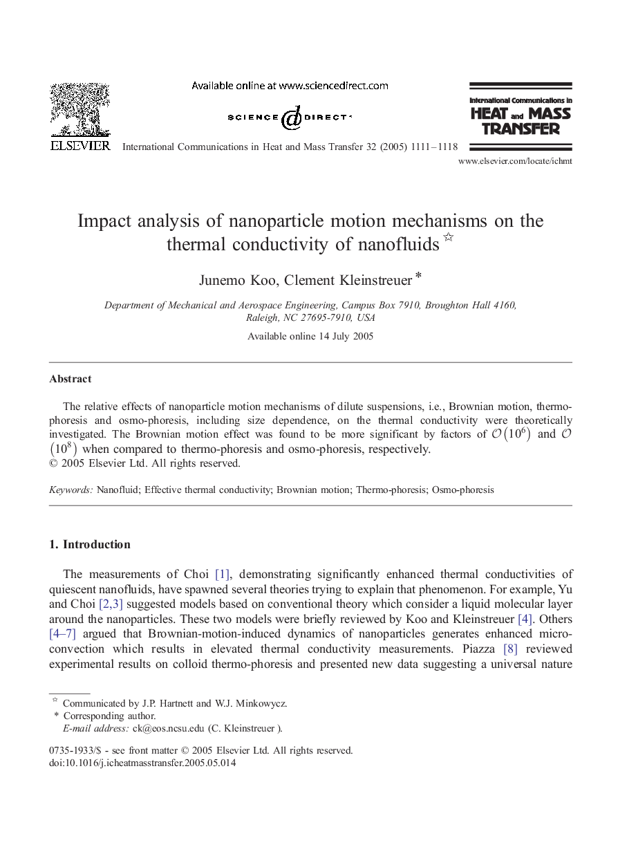 Impact analysis of nanoparticle motion mechanisms on the thermal conductivity of nanofluids