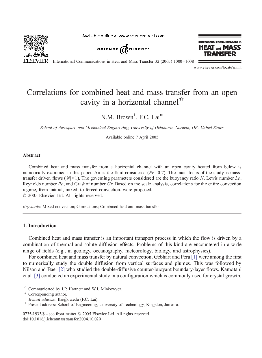 Correlations for combined heat and mass transfer from an open cavity in a horizontal channel