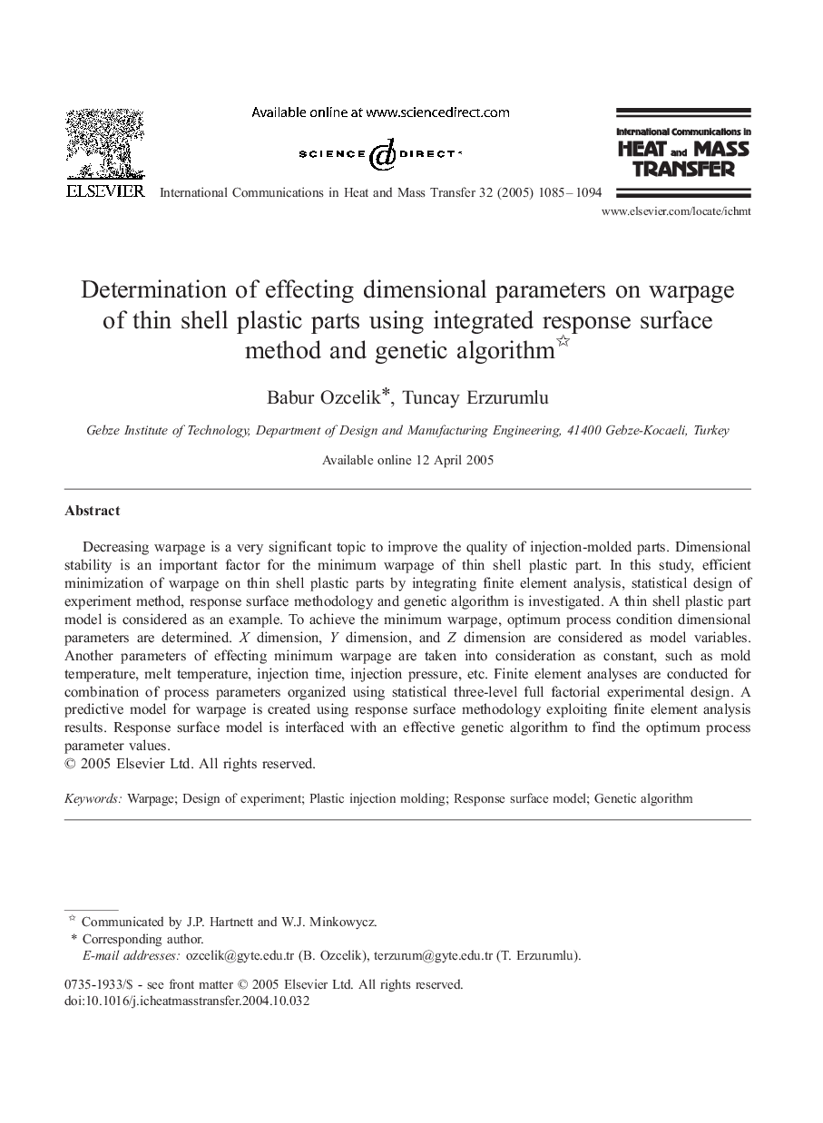 Determination of effecting dimensional parameters on warpage of thin shell plastic parts using integrated response surface method and genetic algorithm