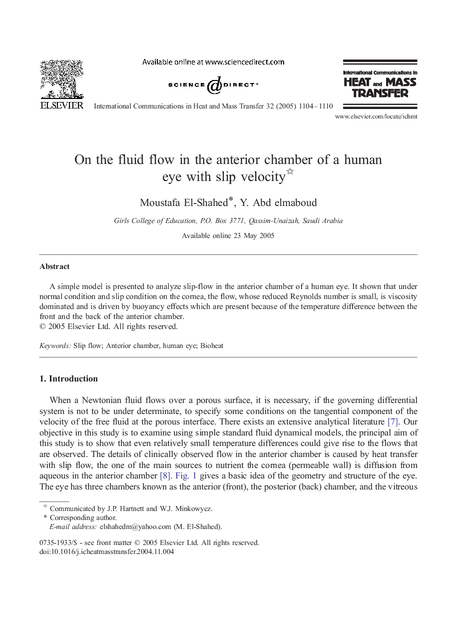 On the fluid flow in the anterior chamber of a human eye with slip velocity