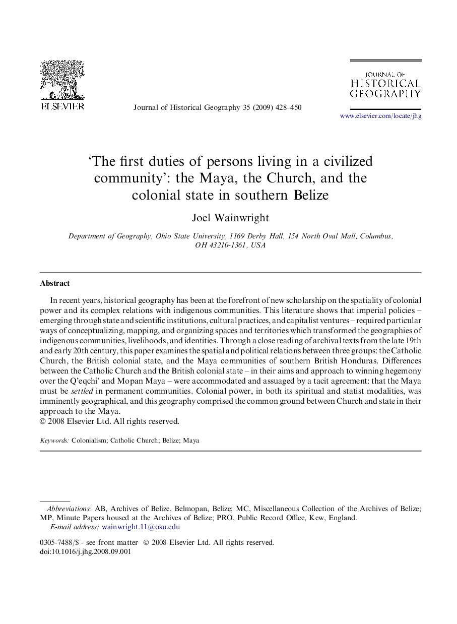 ‘The first duties of persons living in a civilized community’: the Maya, the Church, and the colonial state in southern Belize