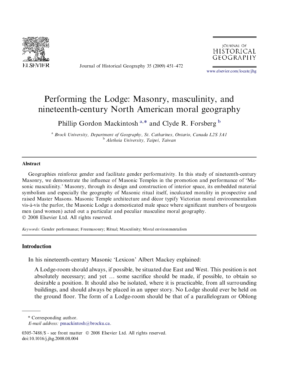 Performing the Lodge: Masonry, masculinity, and nineteenth-century North American moral geography