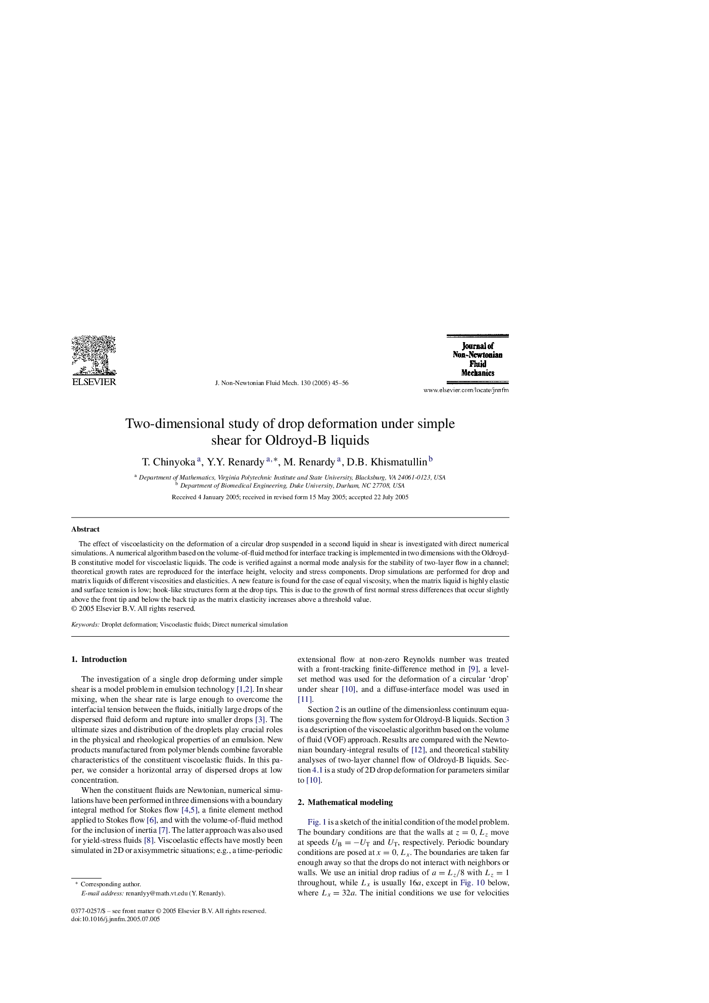 Two-dimensional study of drop deformation under simple shear for Oldroyd-B liquids