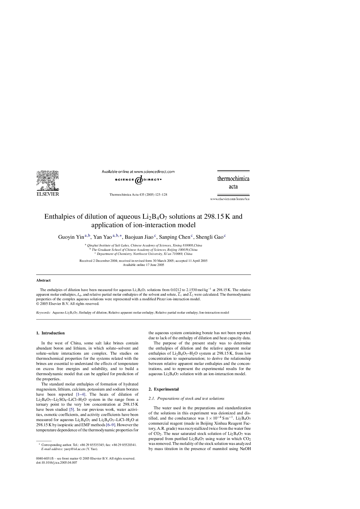 Enthalpies of dilution of aqueous Li2B4O7 solutions at 298.15Â K and application of ion-interaction model