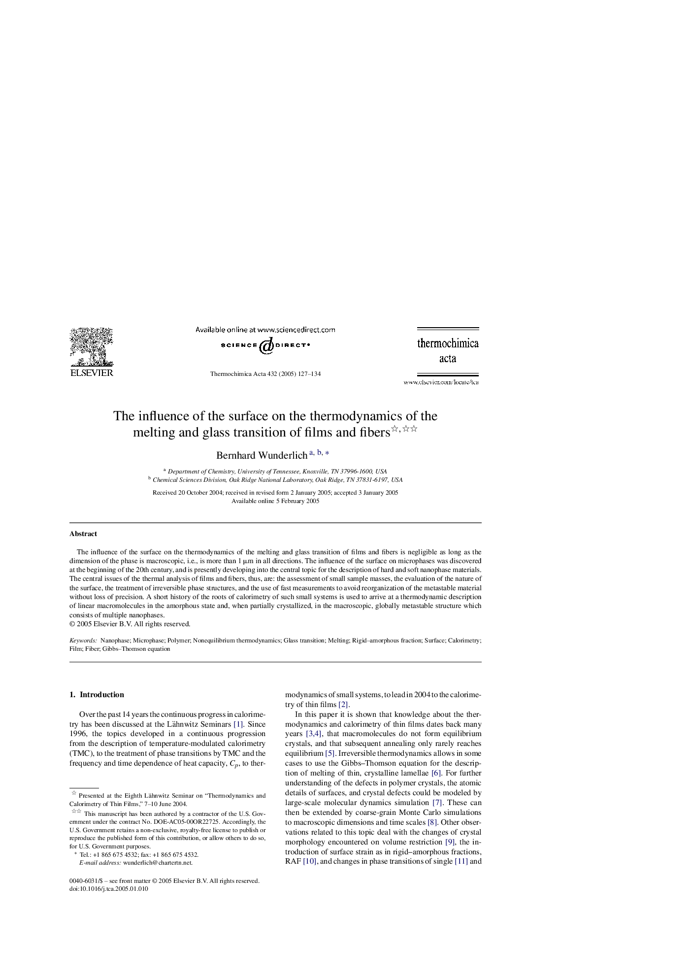 The influence of the surface on the thermodynamics of the melting and glass transition of films and fibers