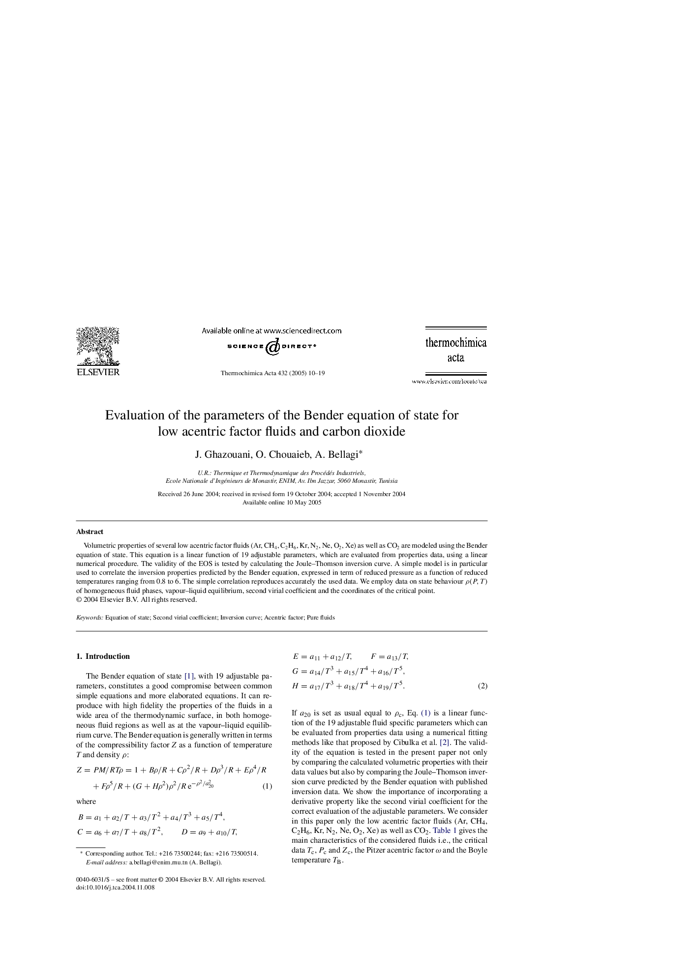 Evaluation of the parameters of the Bender equation of state for low acentric factor fluids and carbon dioxide