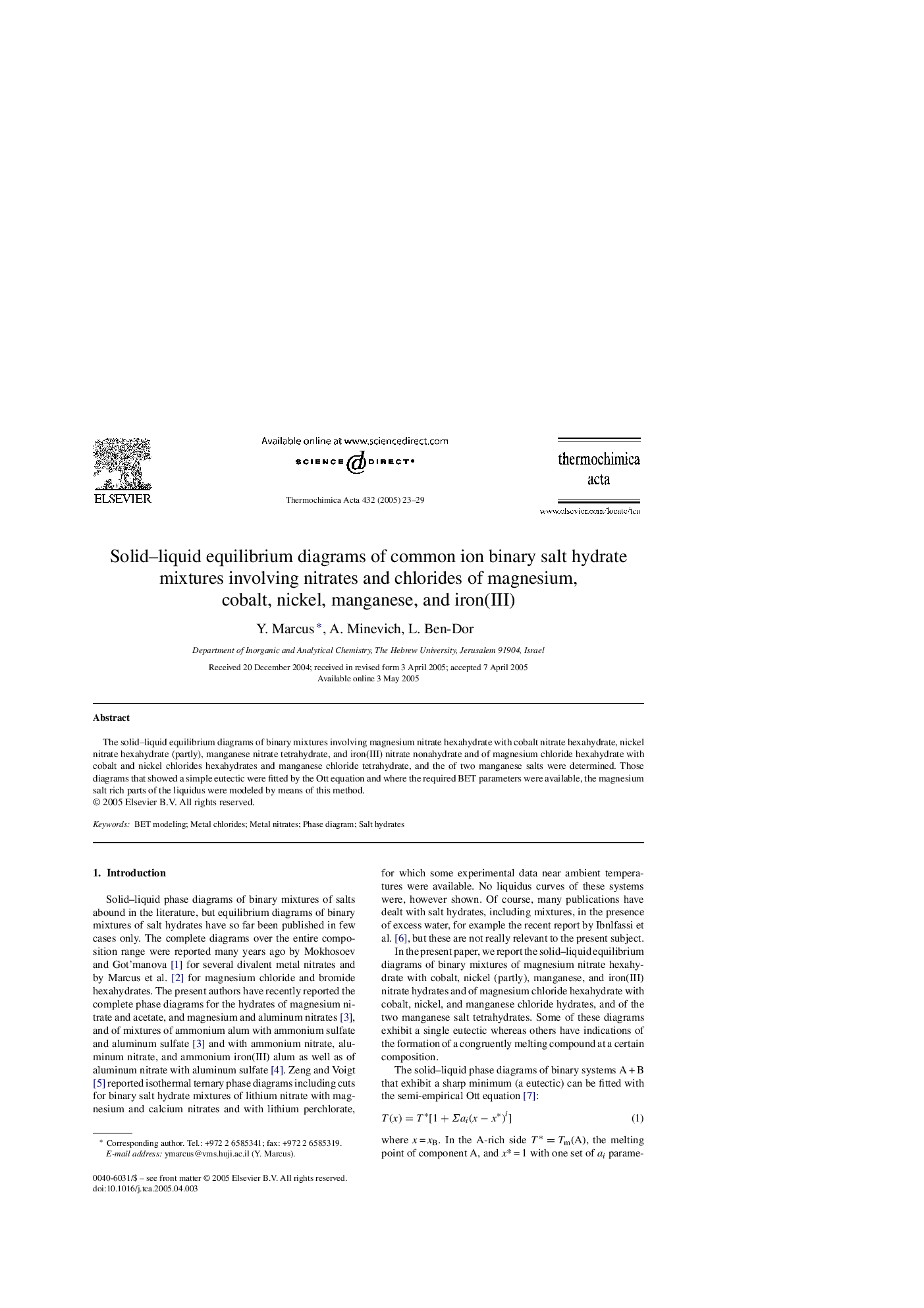 Solid-liquid equilibrium diagrams of common ion binary salt hydrate mixtures involving nitrates and chlorides of magnesium, cobalt, nickel, manganese, and iron(III)