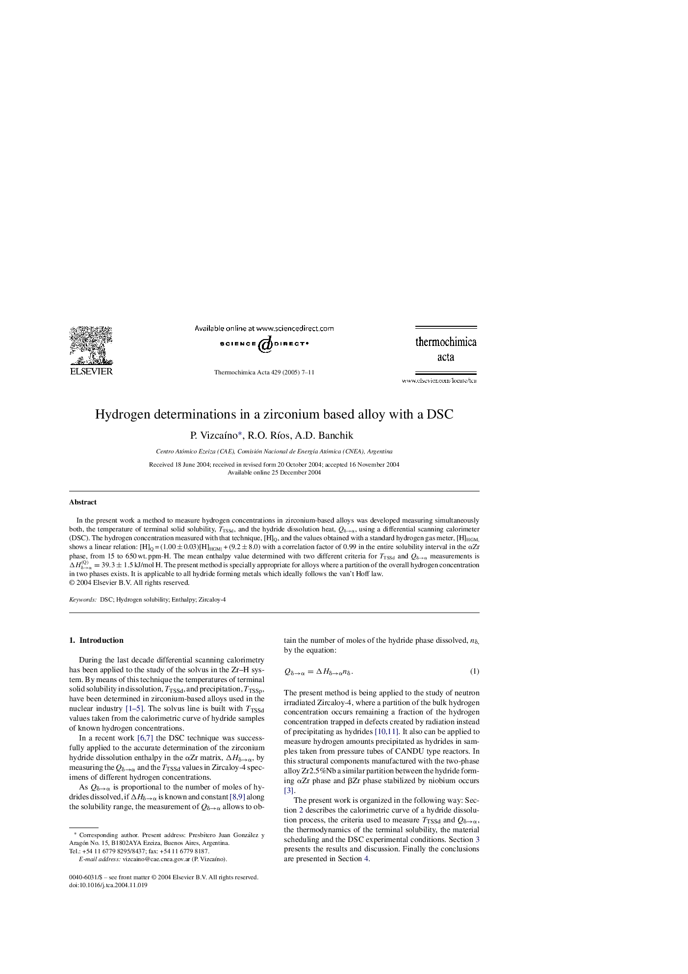 Hydrogen determinations in a zirconium based alloy with a DSC