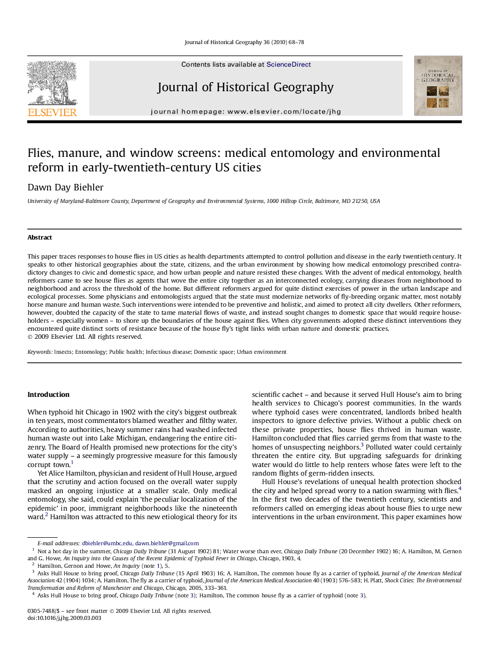 Flies, manure, and window screens: medical entomology and environmental reform in early-twentieth-century US cities