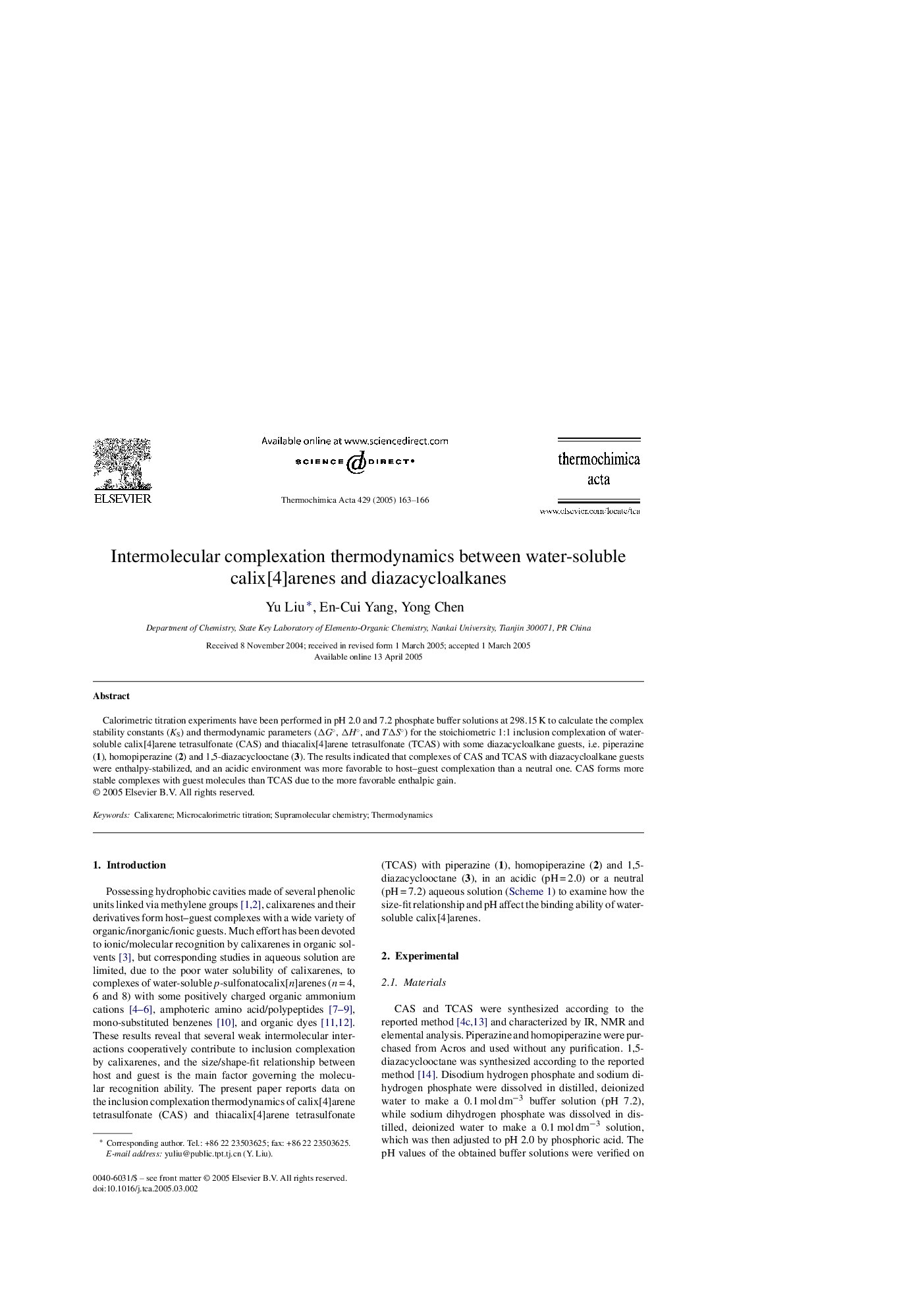 Intermolecular complexation thermodynamics between water-soluble calix[4]arenes and diazacycloalkanes