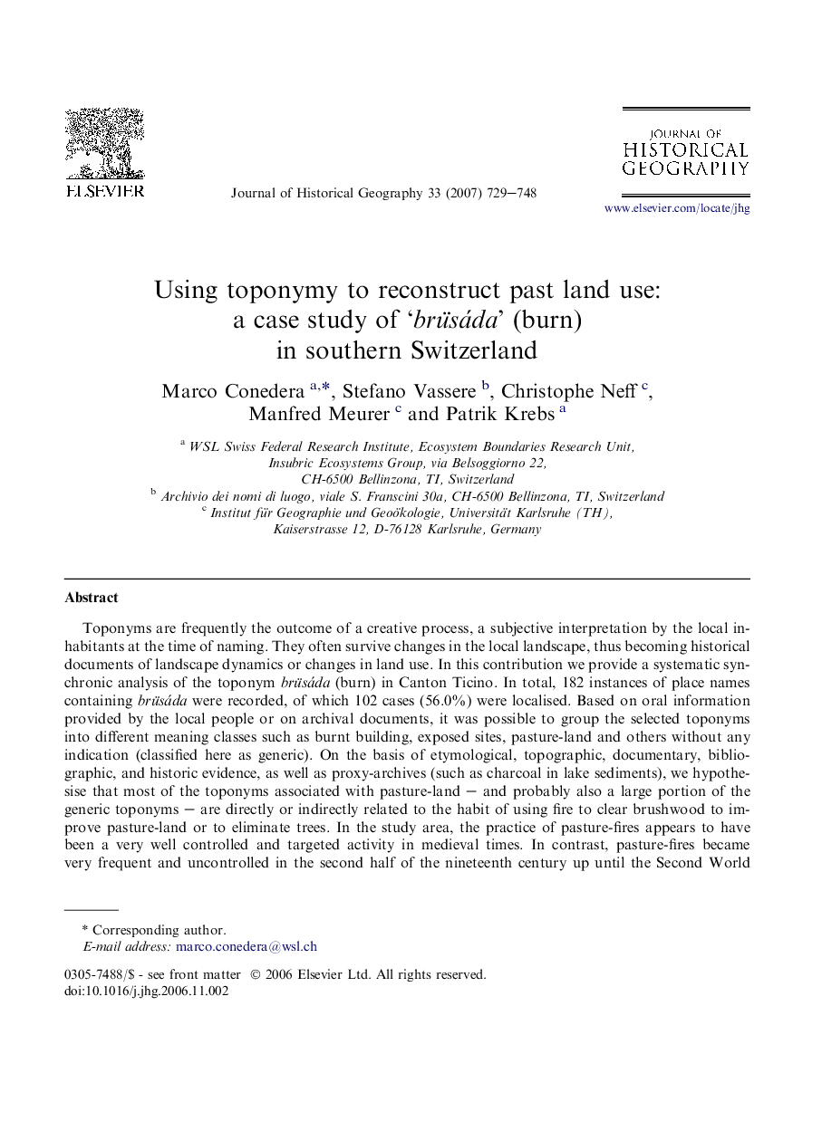 Using toponymy to reconstruct past land use: a case study of ‘brüsáda’ (burn) in southern Switzerland