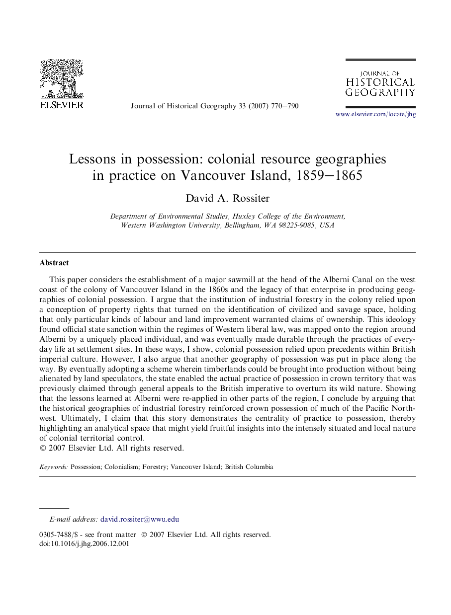 Lessons in possession: colonial resource geographies in practice on Vancouver Island, 1859–1865