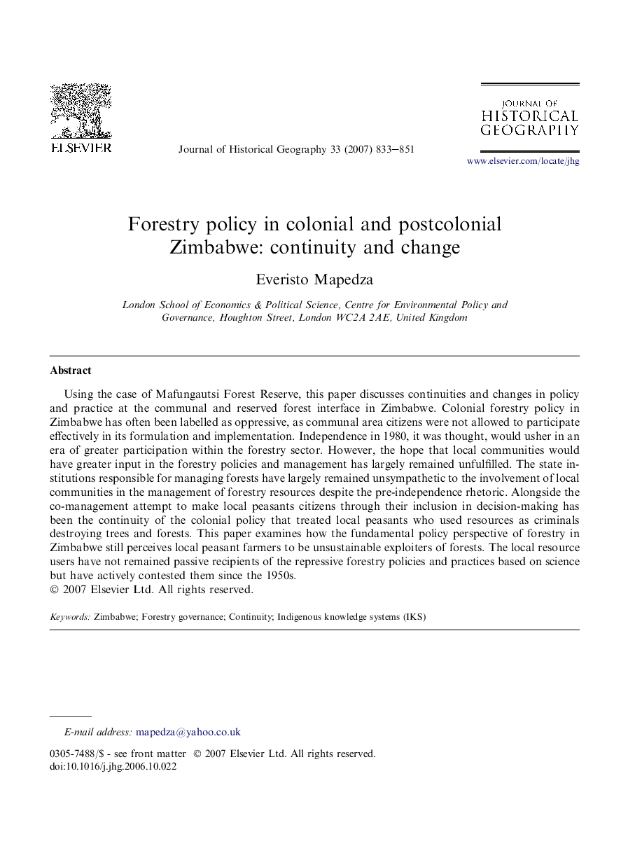 Forestry policy in colonial and postcolonial Zimbabwe: continuity and change