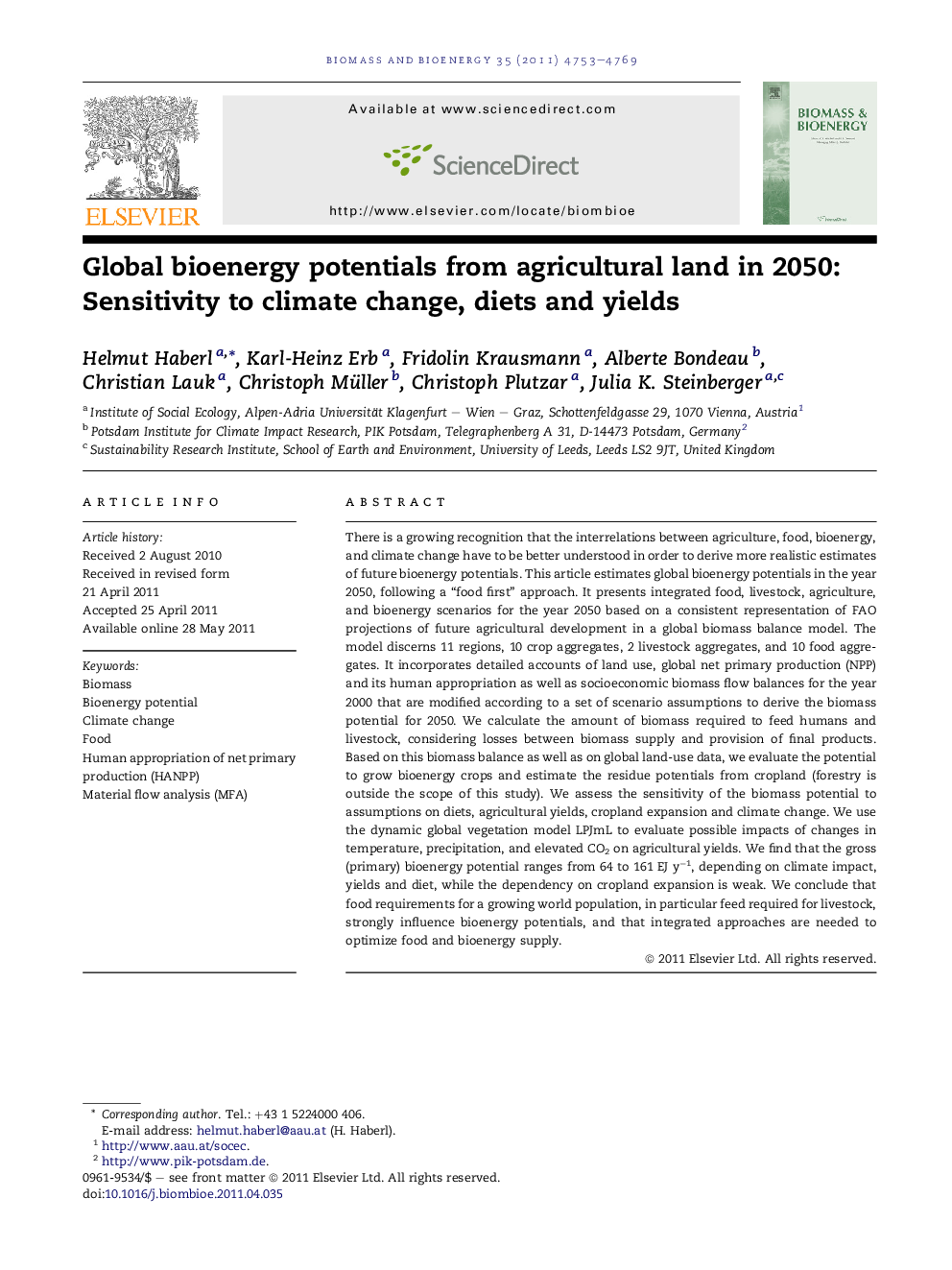 Global bioenergy potentials from agricultural land in 2050: Sensitivity to climate change, diets and yields