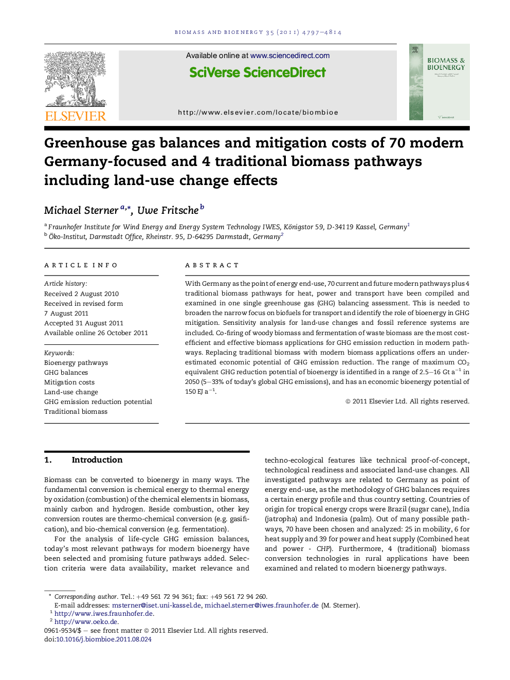 Greenhouse gas balances and mitigation costs of 70 modern Germany-focused and 4 traditional biomass pathways including land-use change effects