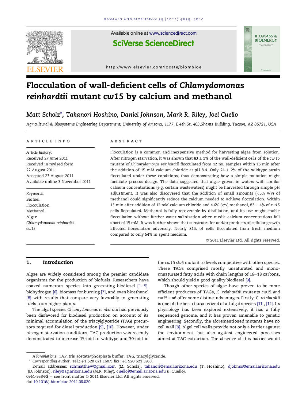 عکس صفحه اول مقاله: Flocculation of wall-deficient cells of Chlamydomonas reinhardtii mutant cw15 by calcium and methanol Flocculation of wall-deficient cells of Chlamydomonas reinhardtii mutant cw15 by calcium and methanol