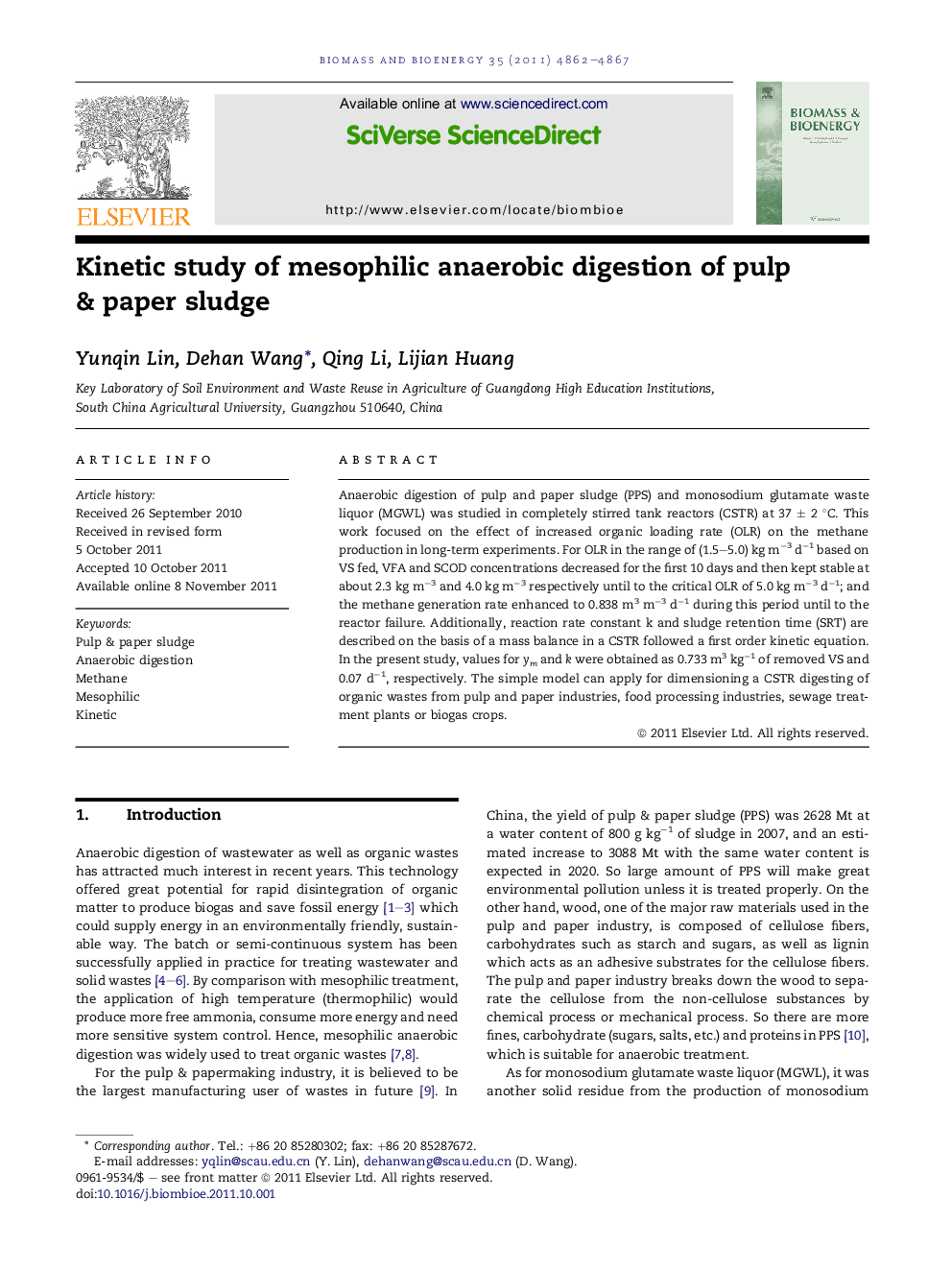 Kinetic study of mesophilic anaerobic digestion of pulp & paper sludge