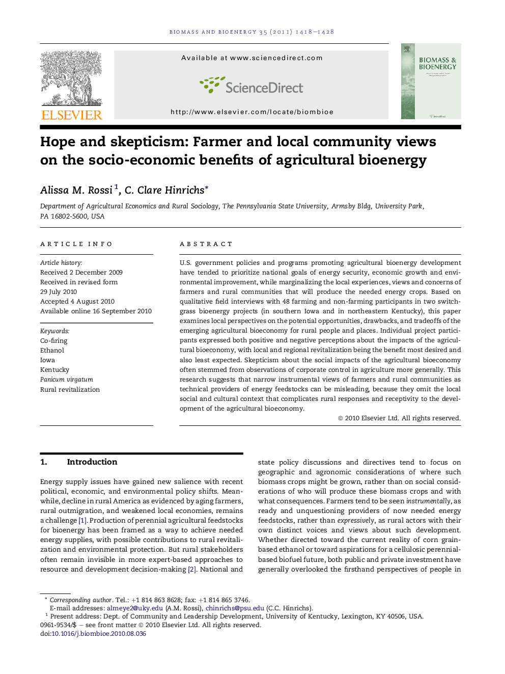 Hope and skepticism: Farmer and local community views on the socio-economic benefits of agricultural bioenergy