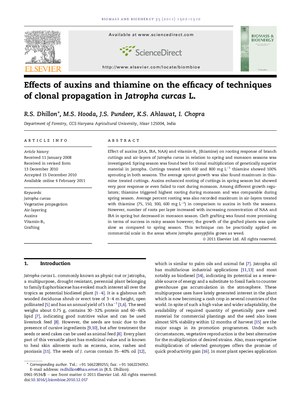 Effects of auxins and thiamine on the efficacy of techniques of clonal propagation in Jatropha curcas L.