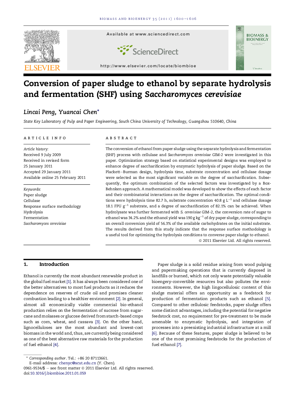 Conversion of paper sludge to ethanol by separate hydrolysis and fermentation (SHF) using Saccharomyces cerevisiae