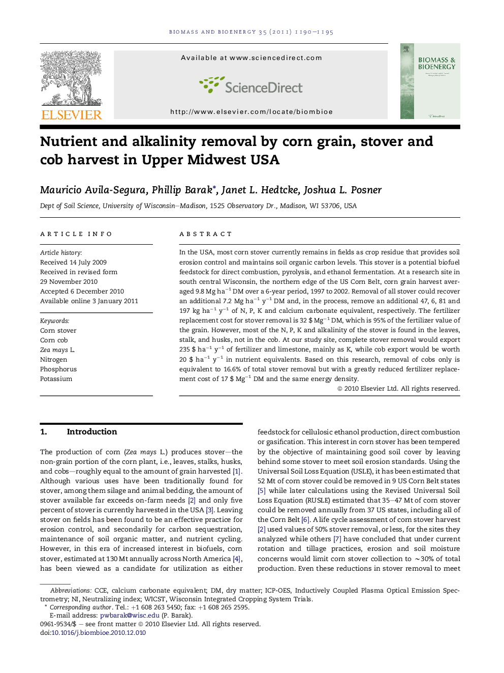 Nutrient and alkalinity removal by corn grain, stover and cob harvest in Upper Midwest USA