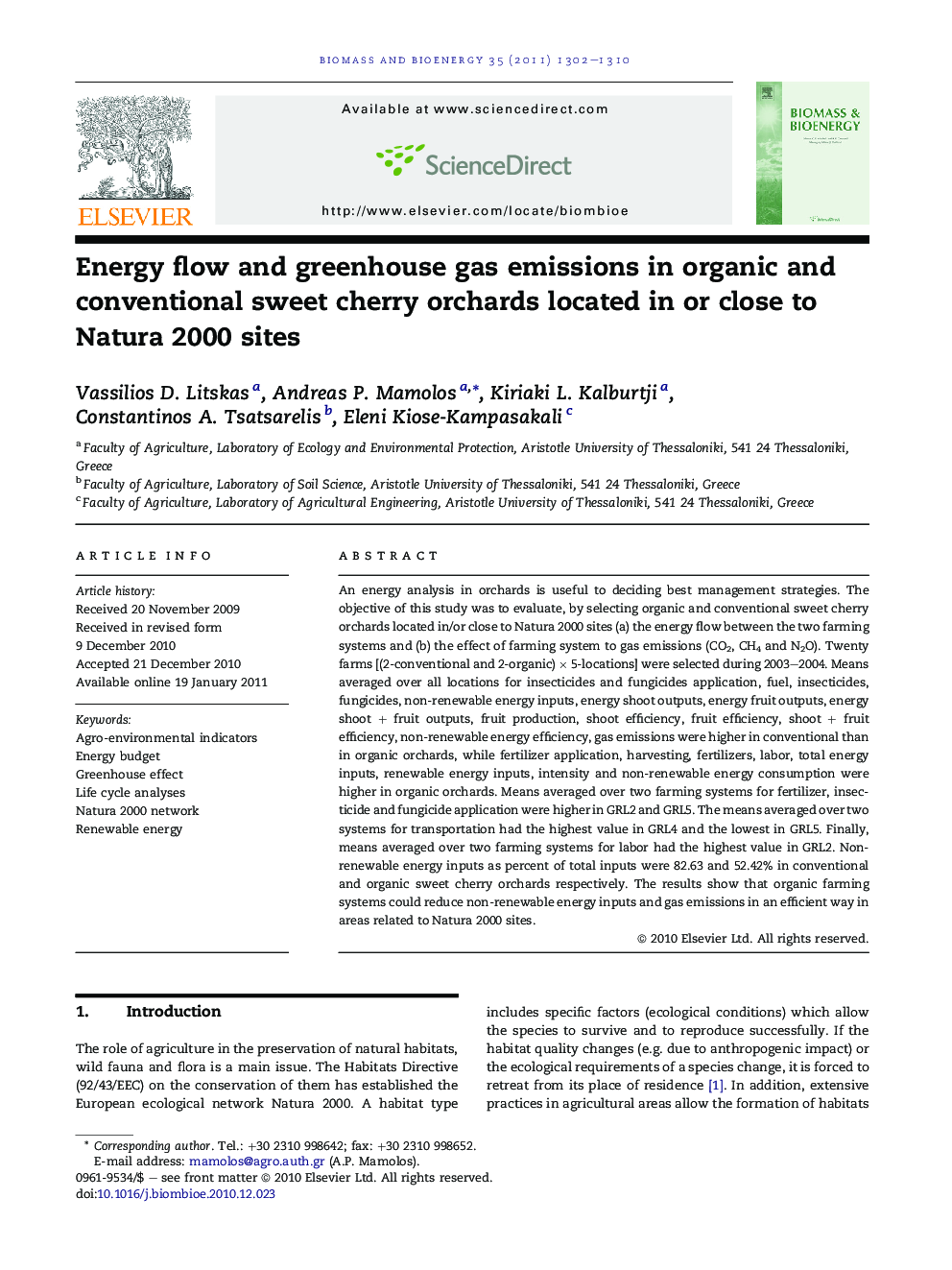 Energy flow and greenhouse gas emissions in organic and conventional sweet cherry orchards located in or close to Natura 2000 sites