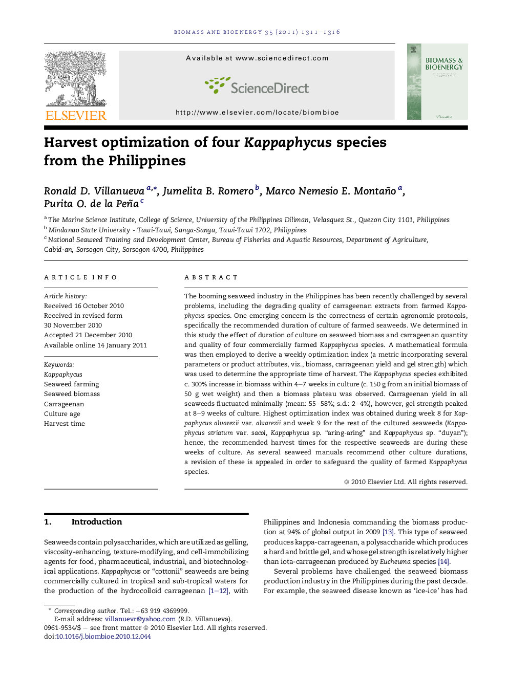 Harvest optimization of four Kappaphycus species from the Philippines