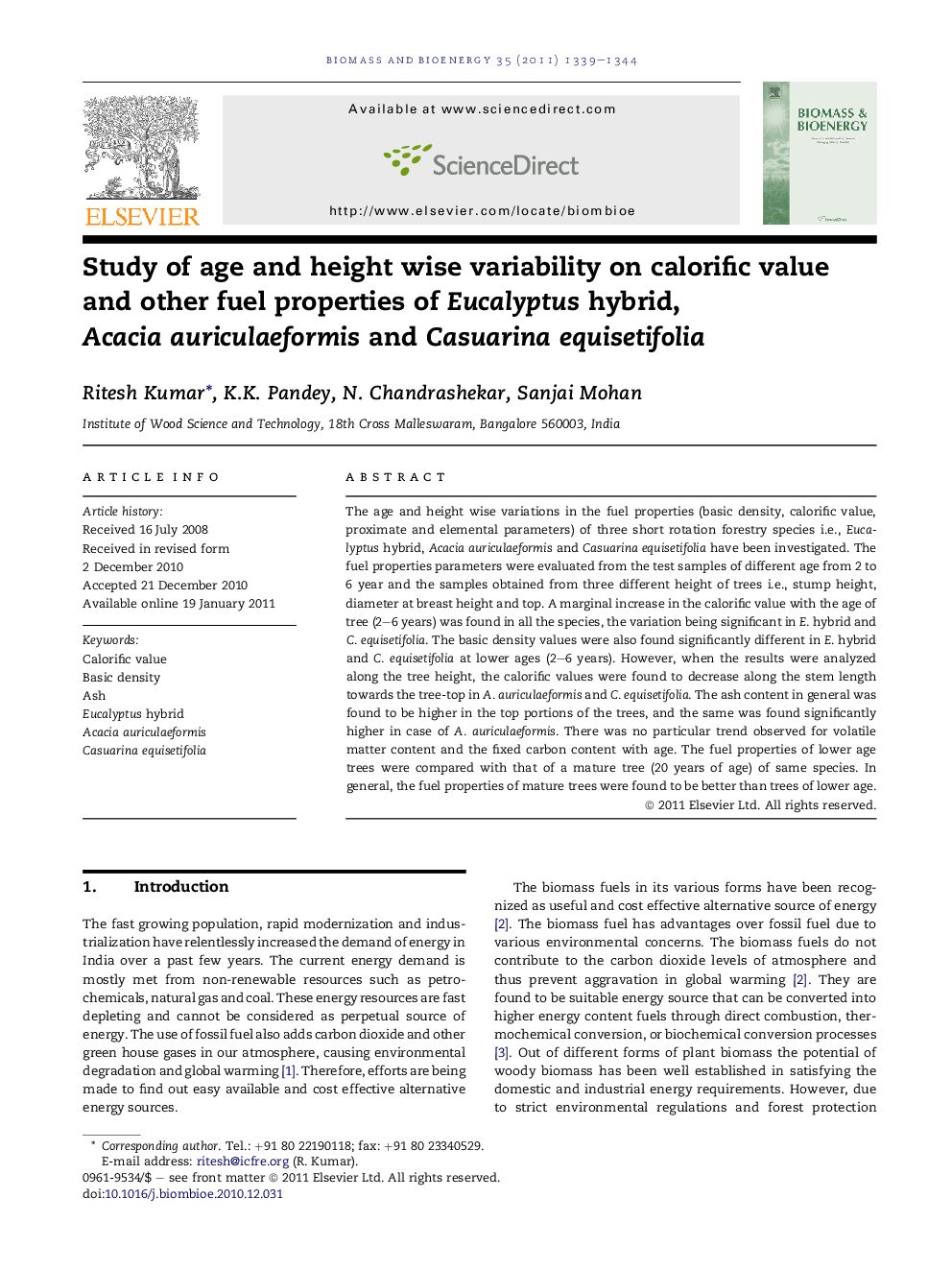 Study of age and height wise variability on calorific value and other fuel properties of Eucalyptus hybrid, Acacia auriculaeformis and Casuarina equisetifolia