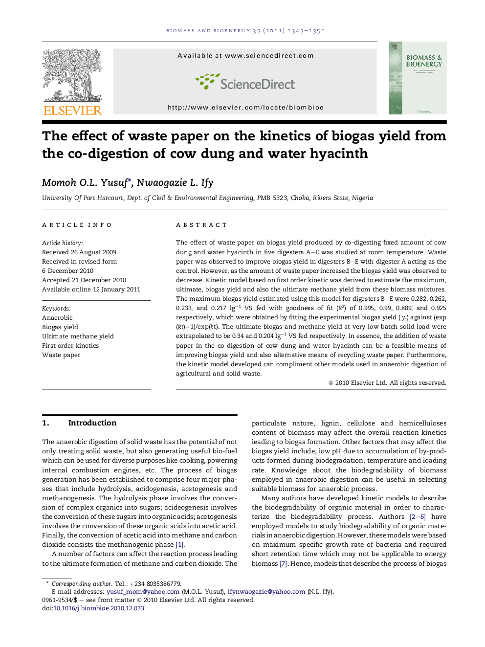 The effect of waste paper on the kinetics of biogas yield from the co-digestion of cow dung and water hyacinth