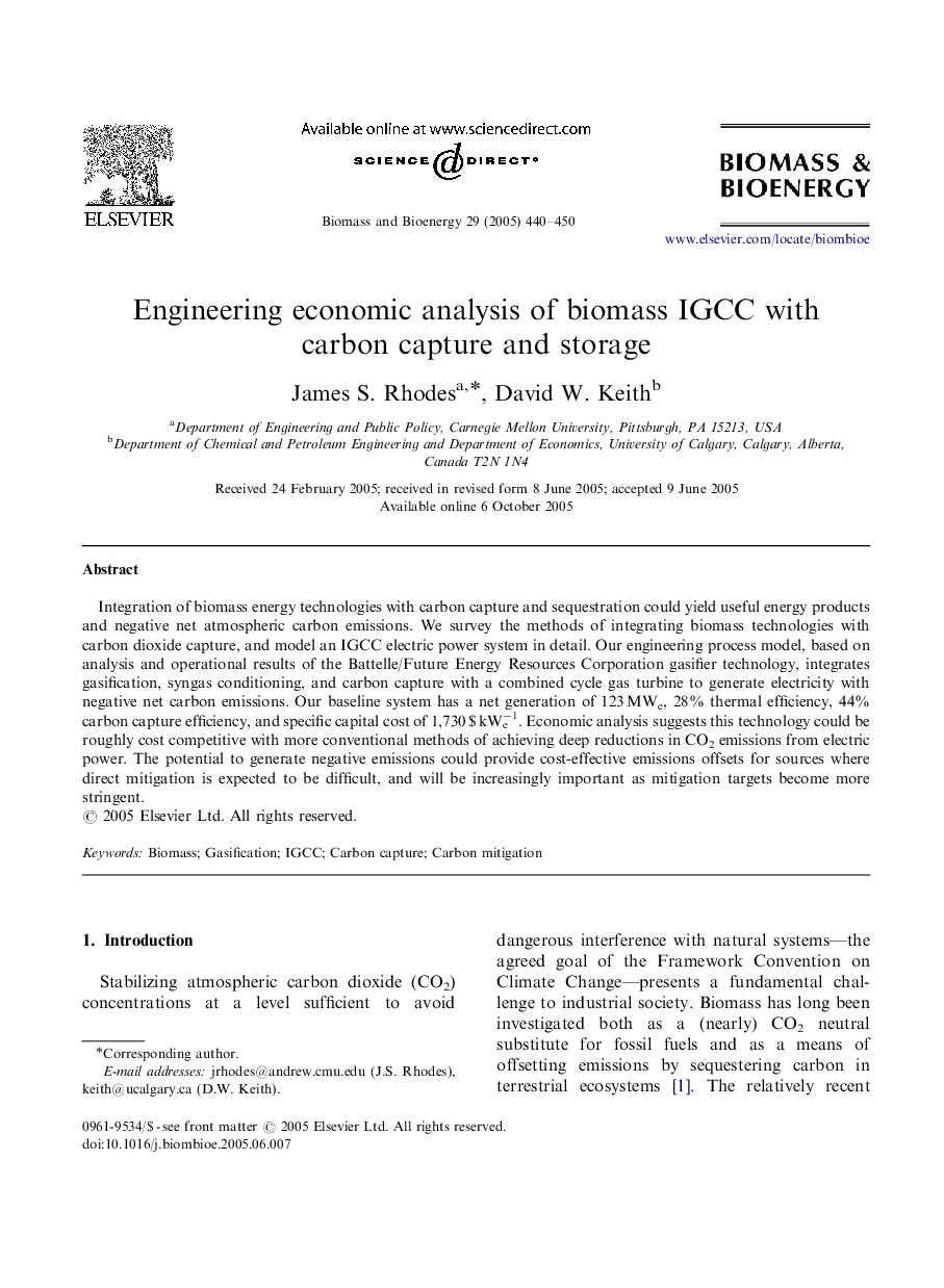 Engineering economic analysis of biomass IGCC with carbon capture and storage