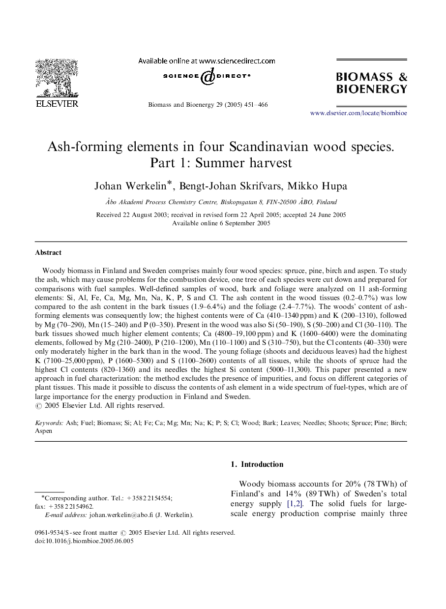 Ash-forming elements in four Scandinavian wood species. Part 1: Summer harvest