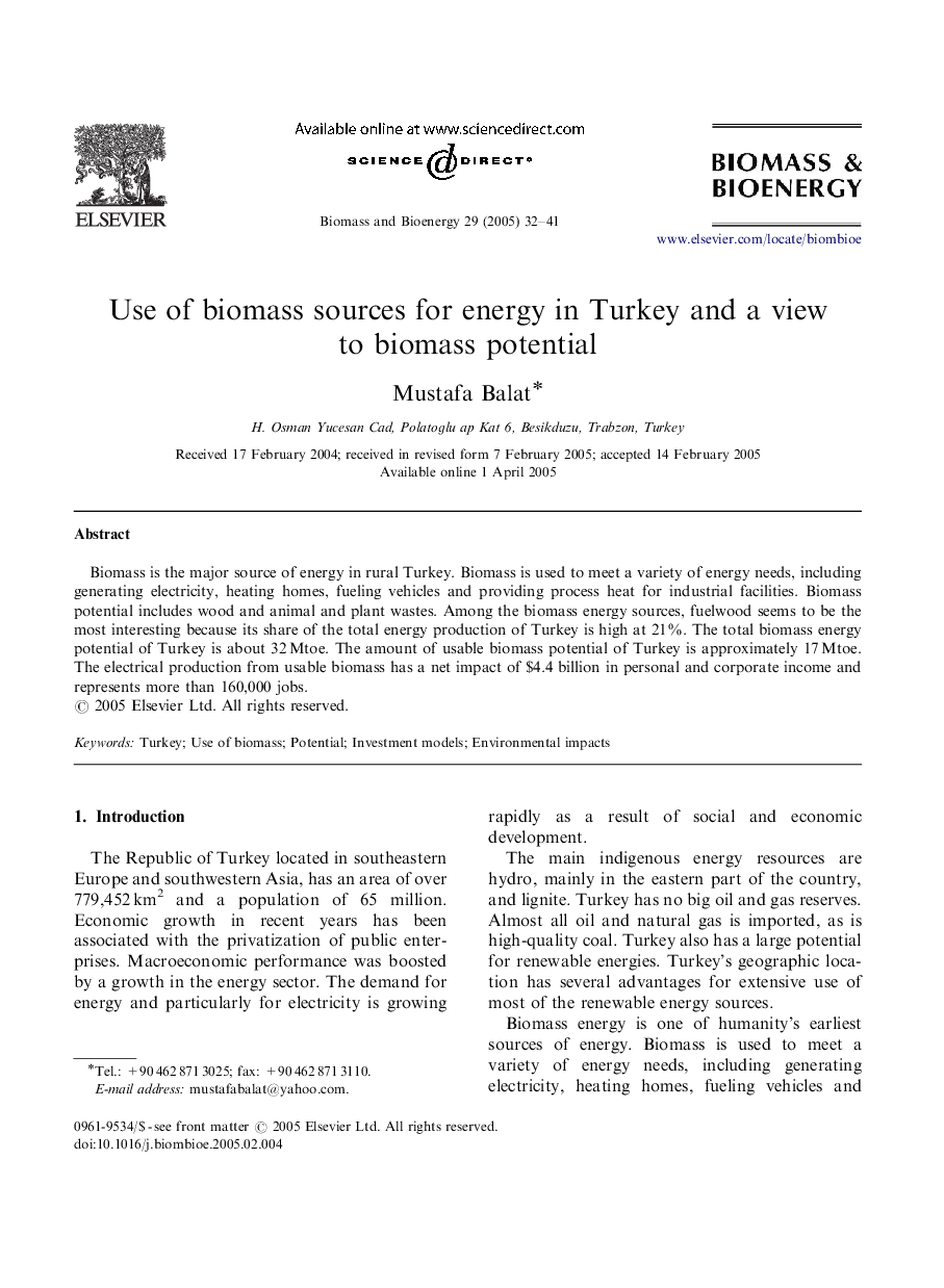 Use of biomass sources for energy in Turkey and a view to biomass potential