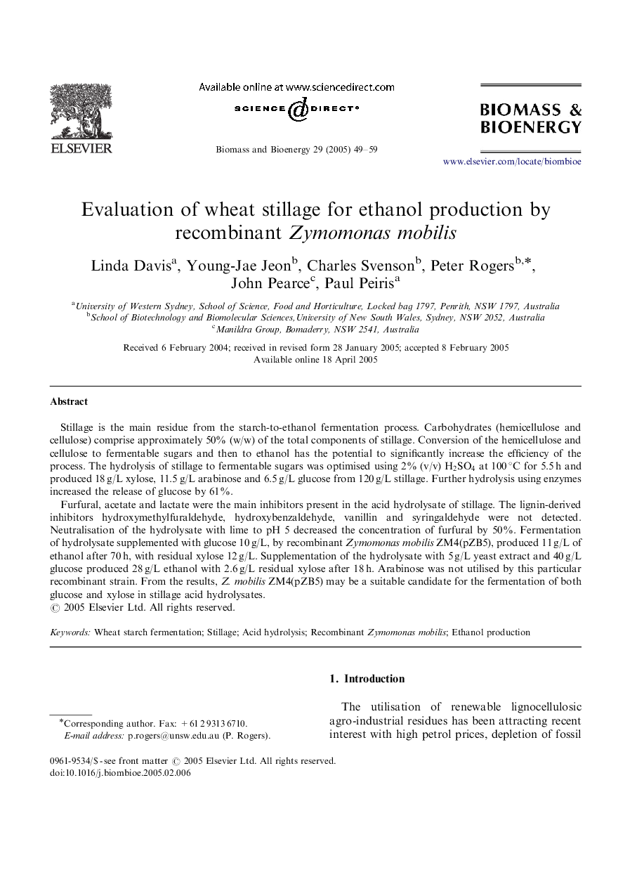 Evaluation of wheat stillage for ethanol production by recombinant Zymomonas mobilis