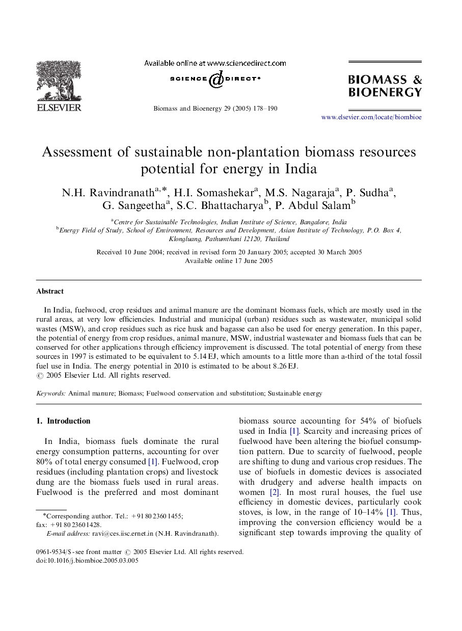 Assessment of sustainable non-plantation biomass resources potential for energy in India