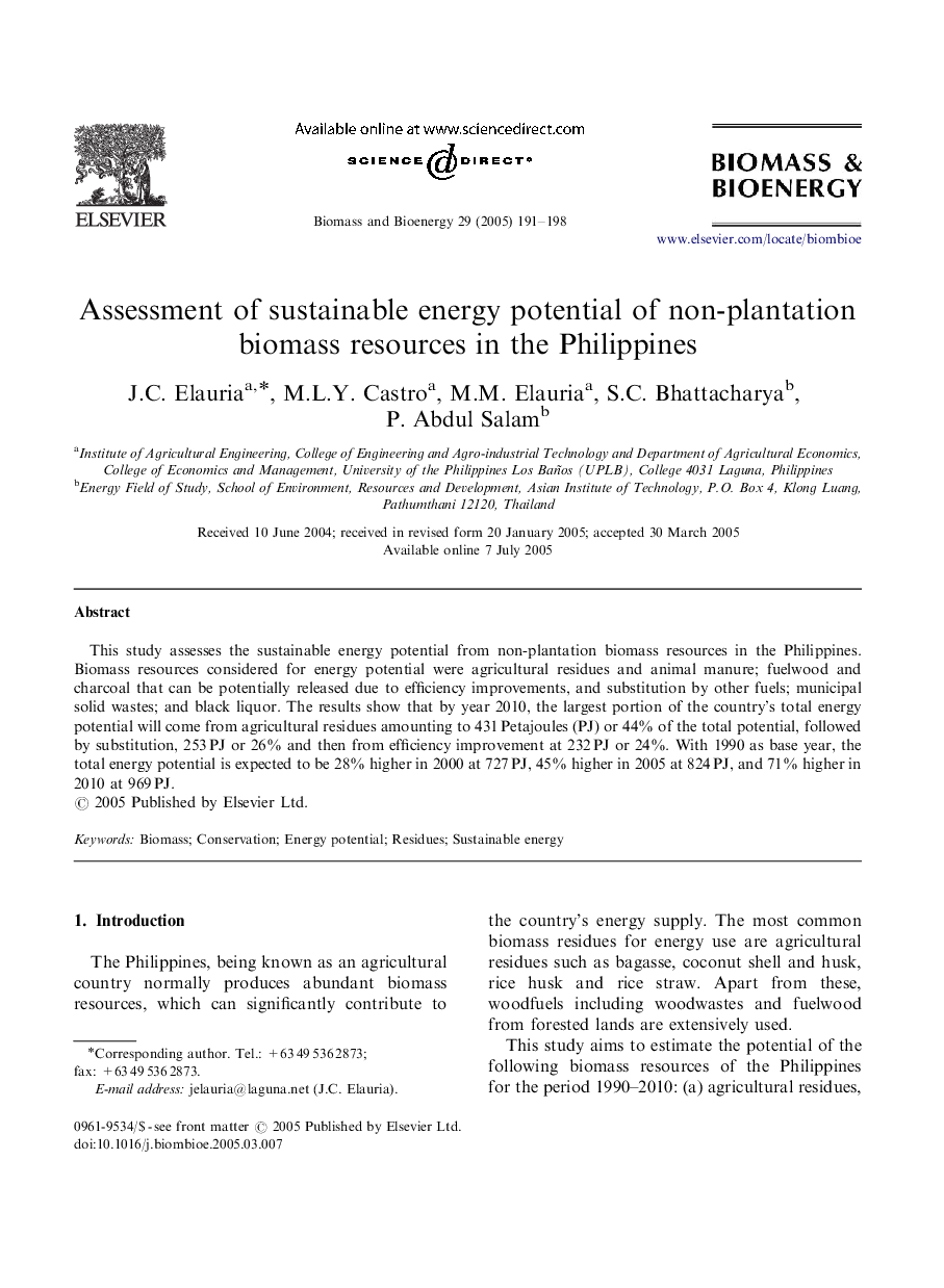 Assessment of sustainable energy potential of non-plantation biomass resources in the Philippines