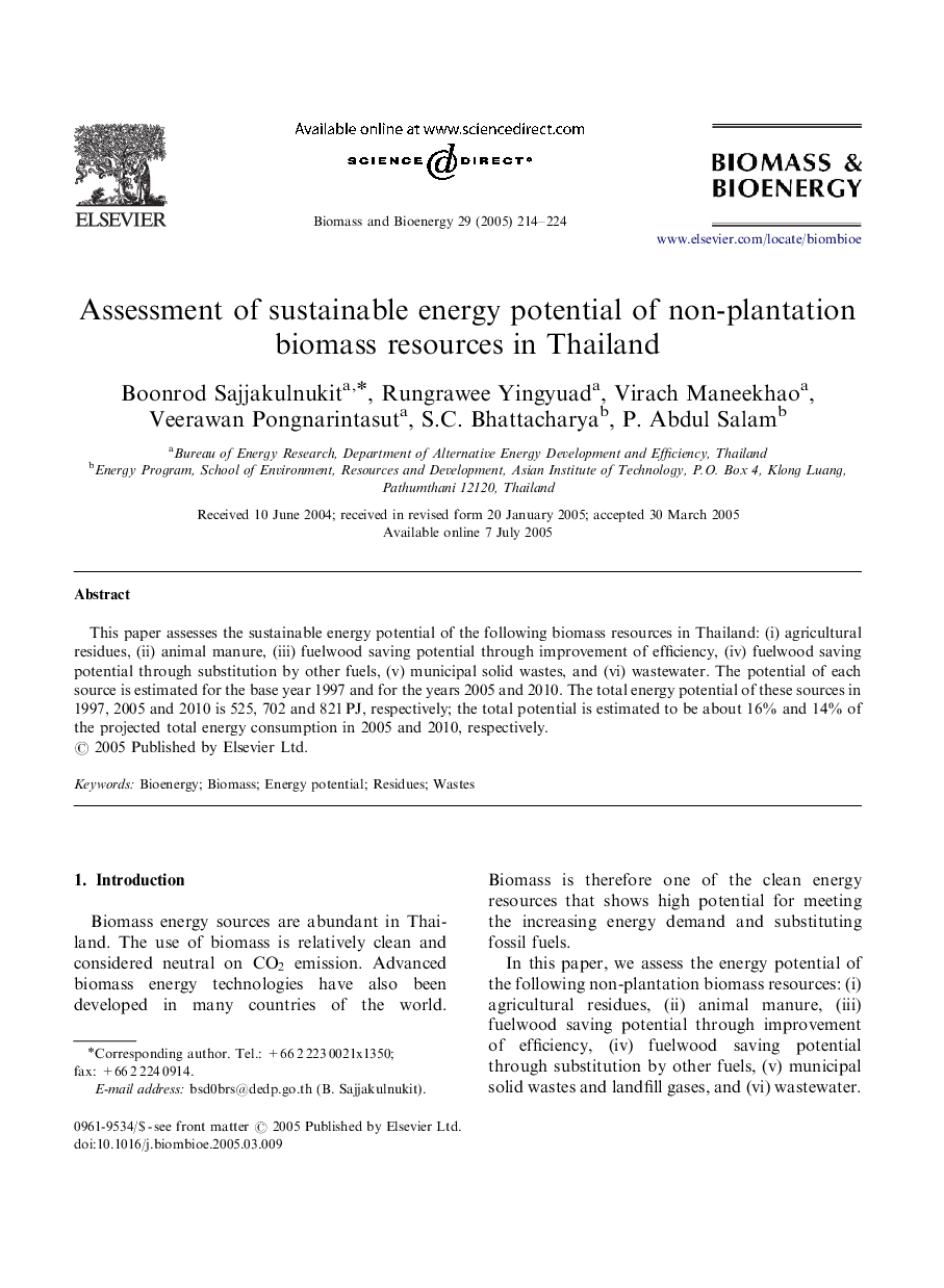 Assessment of sustainable energy potential of non-plantation biomass resources in Thailand