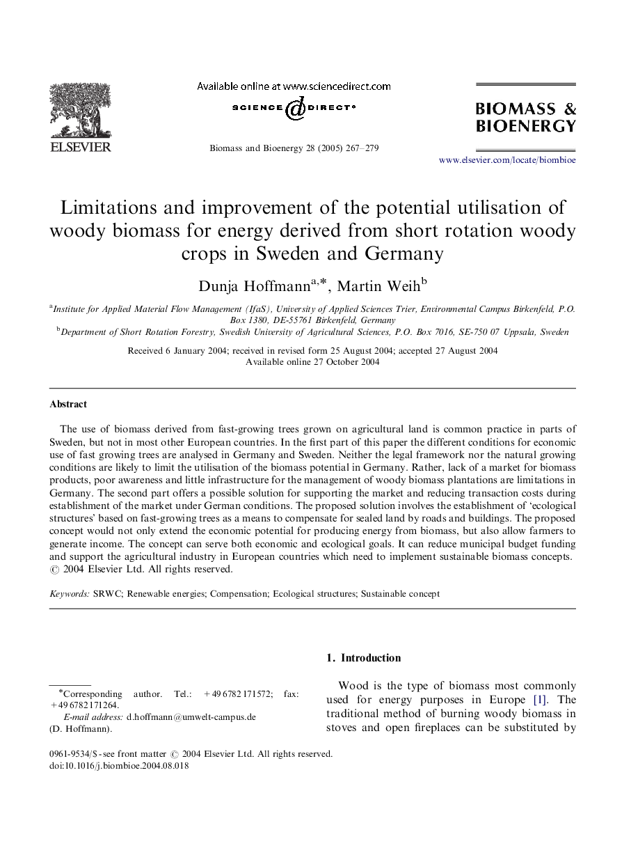 Limitations and improvement of the potential utilisation of woody biomass for energy derived from short rotation woody crops in Sweden and Germany