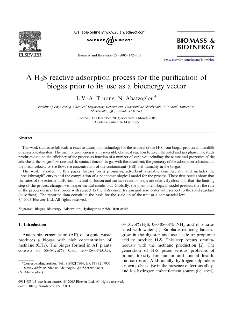 A H2S reactive adsorption process for the purification of biogas prior to its use as a bioenergy vector