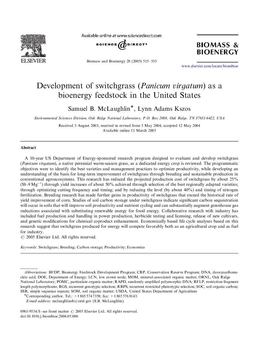 Development of switchgrass (Panicum virgatum) as a bioenergy feedstock in the United States